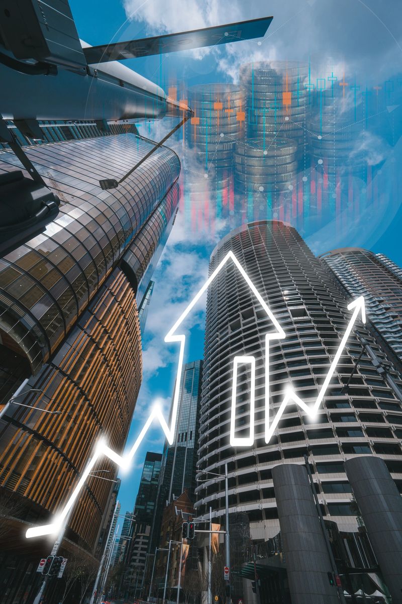 Building Business skyscrapers in the Financial District with virtual real estate trading graph, Financial real estate and investment concept