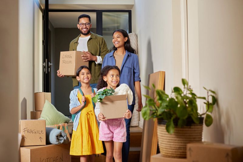 Happy mixed race family moving into a new home together. Middle eastern parents and children carrying boxes with smiles in new apartment. Happy smiling daughters helping mother and father with cardboard boxes in new house on moving day.