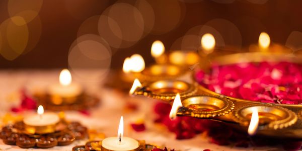 Traditional oil lamps glowing during Nepal’s Tihar festival.
