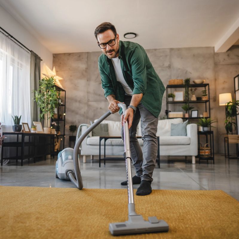 A smiling adult man use a cordless vacuum cleaner on a rug in a modern living room adorned with green plants and contemporary furniture in a stylish setting