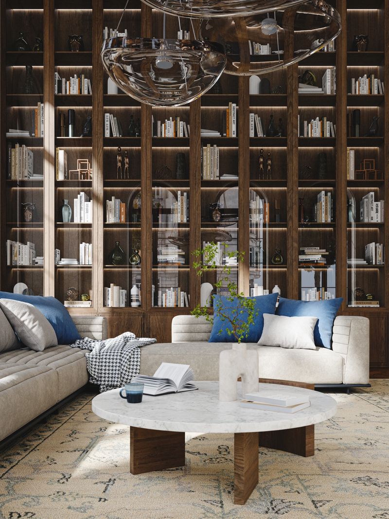 Luxury living room with sofa and bookshelf, cgi
