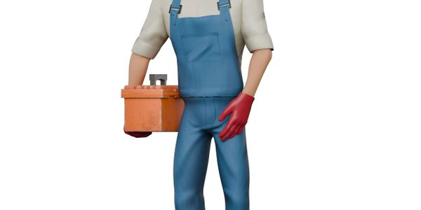 3D cartoon worker in blue overalls holding an orange toolbox.