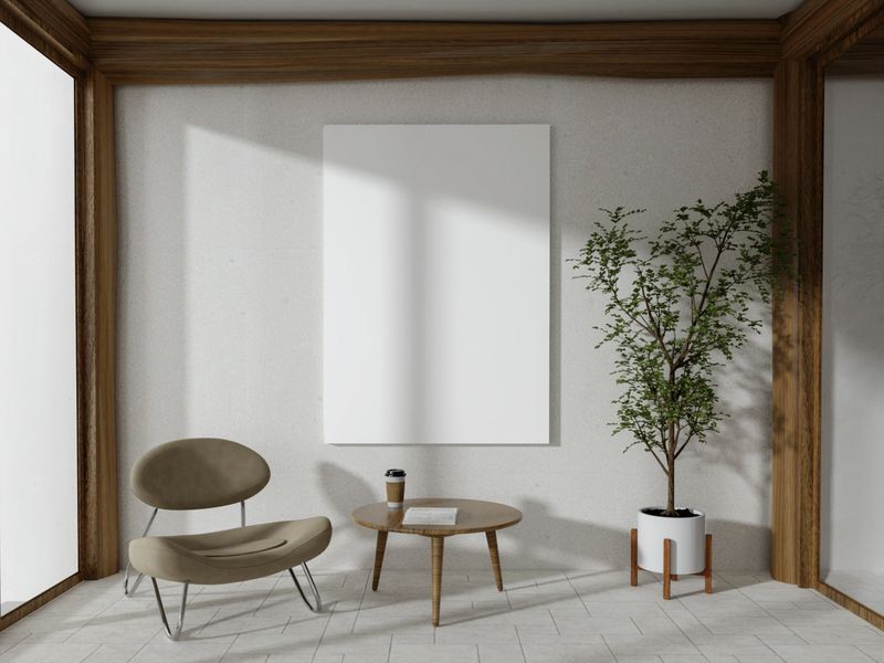 A 3D rendering of a minimalist reading nook with a chair and plant, creating a relaxing corner.