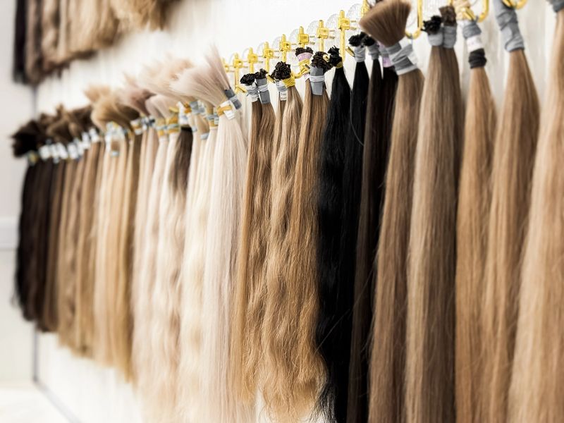 Assorted hair extensions displayed in various colors and textures at salon.