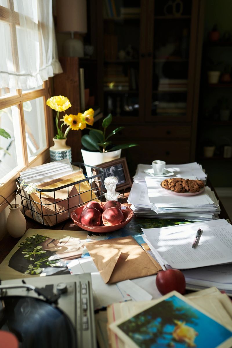 Warm morning light illuminating a cozy, cluttered office desk with piles of papers, notebooks, fruits, cookies, and a record player, creating an inviting workspace atmosphere