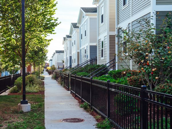 Modern townhouses with a clean sidewalk and black metal fences.