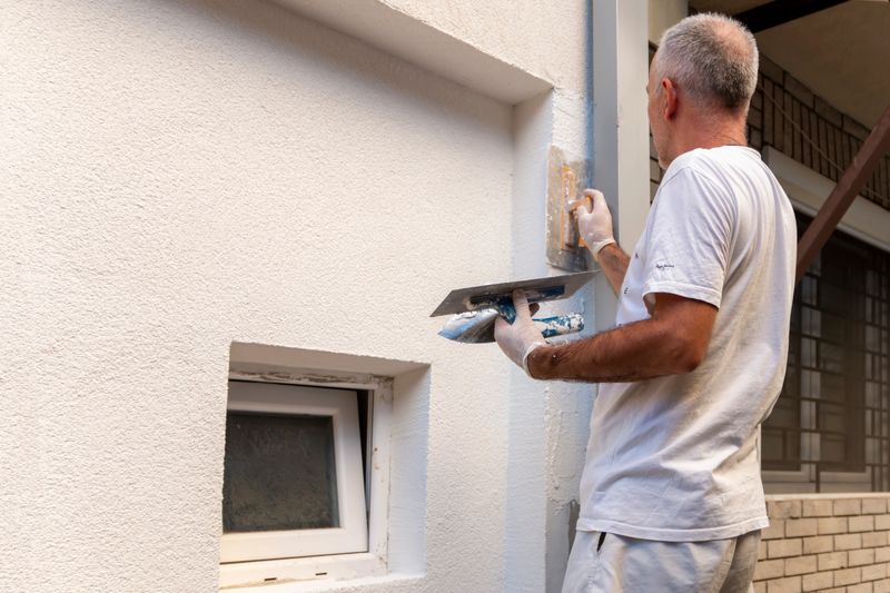 Construction worker applying final decorative facade plaster paste. Home renovation. Builders apartment improvement or restoration works.