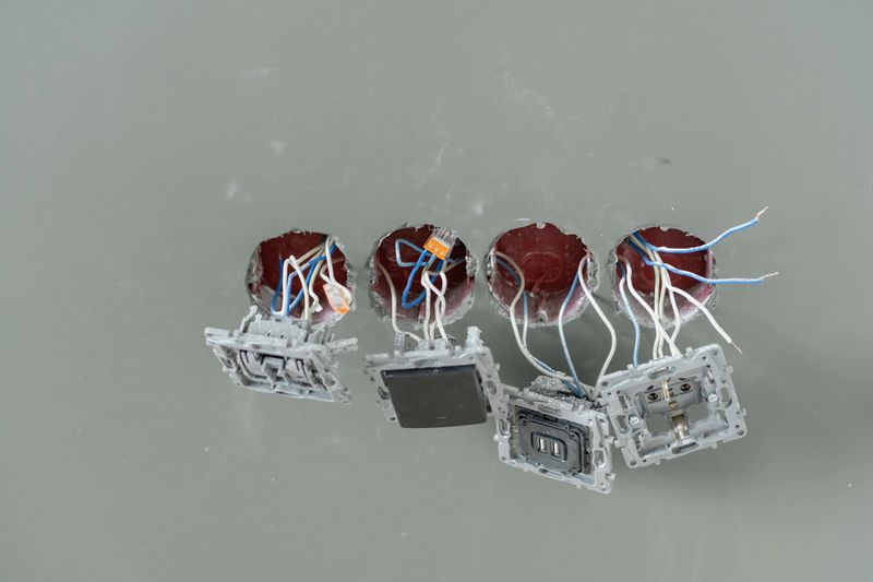 Exposed wiring and switch boxes are visible during a residential electrical installation in progress at a construction site.