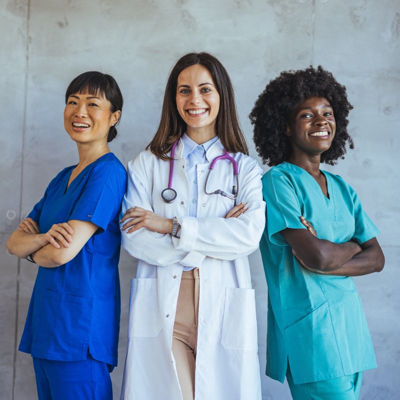 A diverse group of confident healthcare professionals wearing scrubs and lab coat, smiling and standing with arms crossed. Represents teamwork, diversity, and professionalism in the medical field.