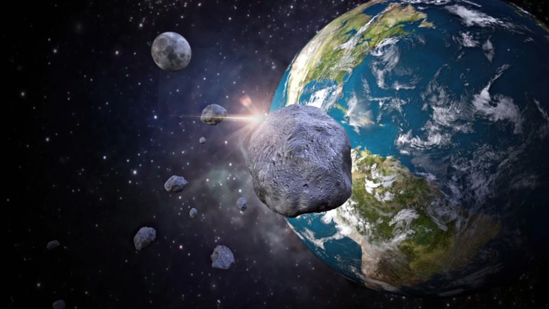 An asteroid is shown approaching Earth, framed by numerous smaller celestial bodies, highlighting the scale and beauty of space during dusk.