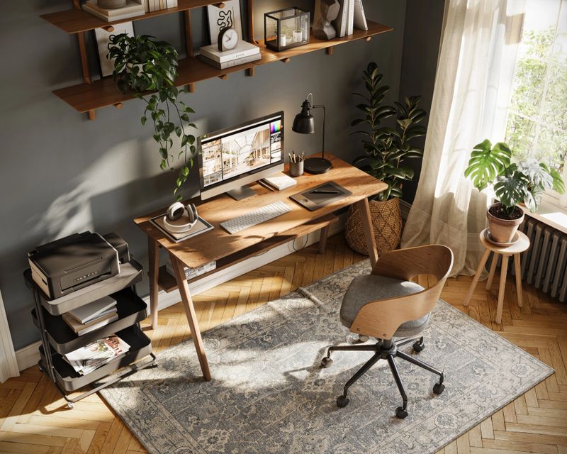 A top-down view of a digitally rendered modern home office with a wooden desk, plants, and stylish decor, creating a calming and productive workspace with natural lighting.