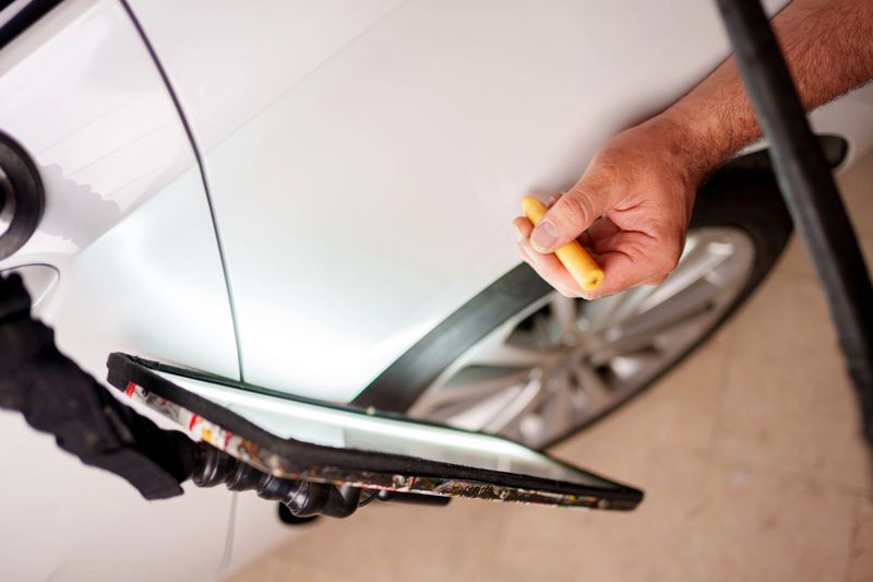 Repairing Dents On Car Body. Technician Is Working Using Professional Tools For Paintless Dent Repair. Car Bodyworks PDR Technology