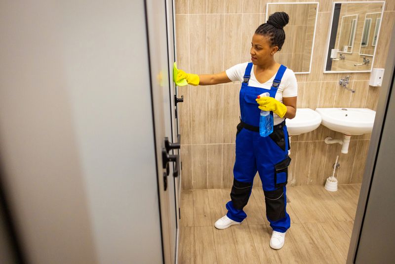 Afro American woman taking care of hygiene in school toilets, wearing uniform and using cleaning spray, rugs and rubber gloves