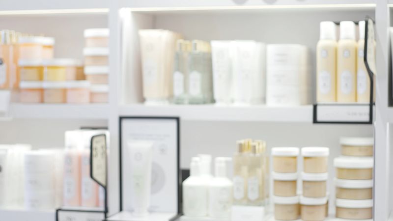 Neatly arranged shelves of beauty and skincare products in a store, showcasing various creams, lotions, and bottles in soft, pastel colors.