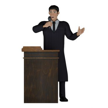 Man in judge's robe speaking at a podium with a microphone.