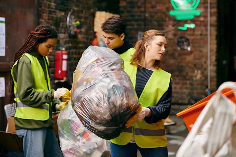 A group of dedicated volunteers sorts garbage while promoting eco-friendly practices in their community.