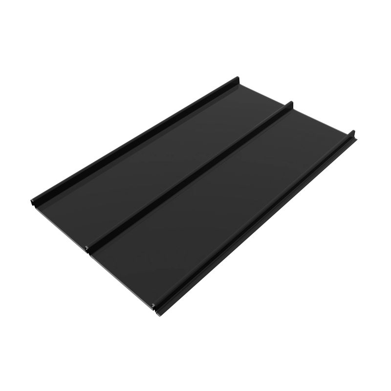 Black retro roof panel with standing seam and fasteners. Modern galvanized steel roofing sheet with ribs isolated on white background. Classic style black metal panel with rebate joint. Falz roofing