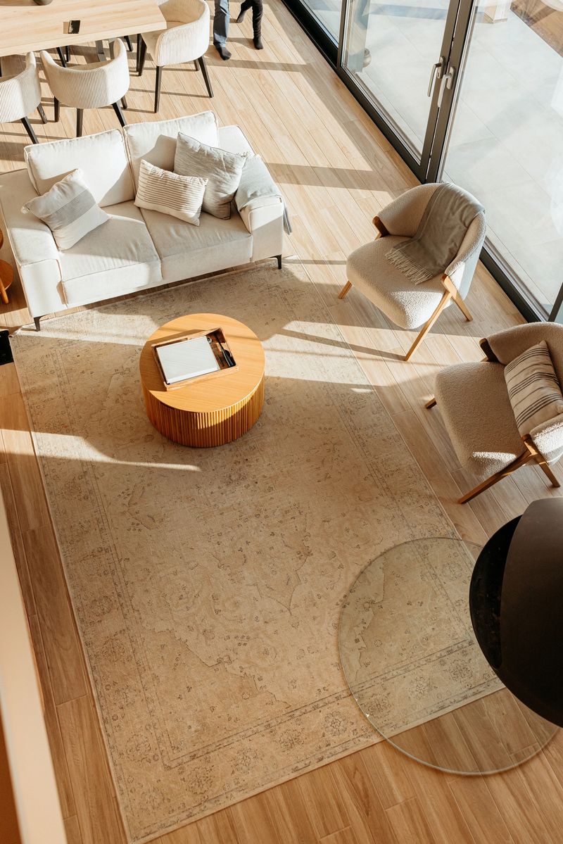 Sunlight streaming through windows in a modern cabin living room with wooden floor