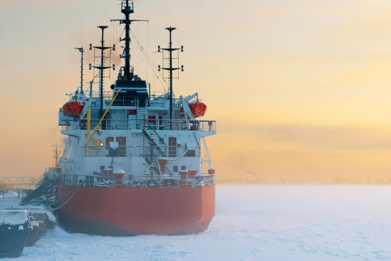 Ship standing at the pier among the ice at sunset, back view