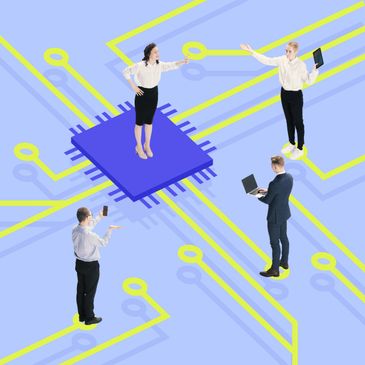 Businesspeople interacting on a giant microchip and circuit board.
