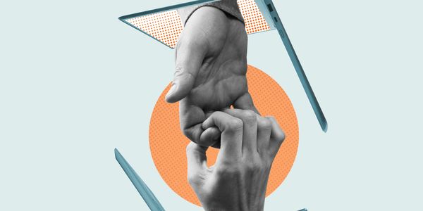 Two hands reaching through laptops, symbolizing digital connection and support.