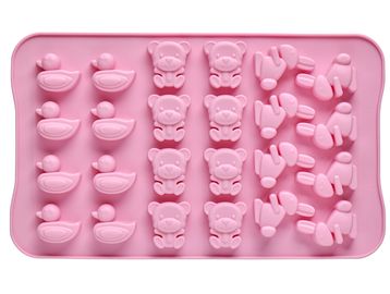 Pink silicone mold with duck, bear, and rabbit shapes.