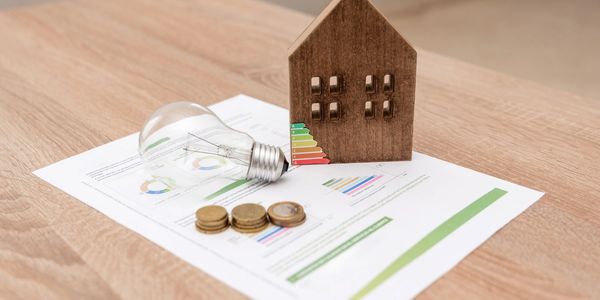 Wooden house model, light bulb, coins, and energy report on a wooden table.