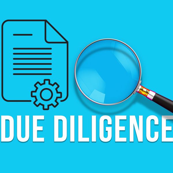 Magnifying glass and document icon with 'Due Diligence' text on blue background.