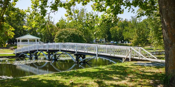 A white wooden bridge over a pond in a sunny park.
