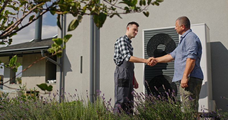 A technician and a homeowner are shaking hands beside an external heat pump unit, signaling a successful consultation or installation. The setting is outdoors beside the house, with lavender in the foreground, creating a pleasant and professional atmosphere.