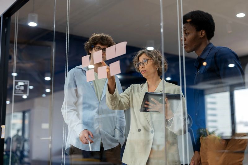 A business development team gathers in a modern office meeting room, brainstorming and discussing their business process improvement strategy. The team, consisting of a diverse group of professionals, uses post-it notes to organize ideas and refine their strategy for improving organizational agility.