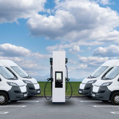 two rows of Electric vans with EV kwik charge charging stations between rows.
