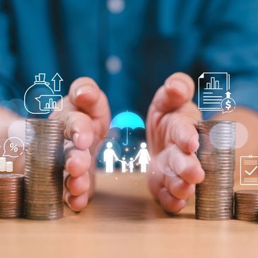 Hands protect stacked coins with financial icons and a piggy bank symbolizing savings and family insurance.