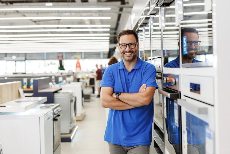 Friendly salesman stands confidently in a contemporary appliance store, showcasing a range of kitchen appliances. Bright, inviting atmosphere suggests excellent customer service and quality products.