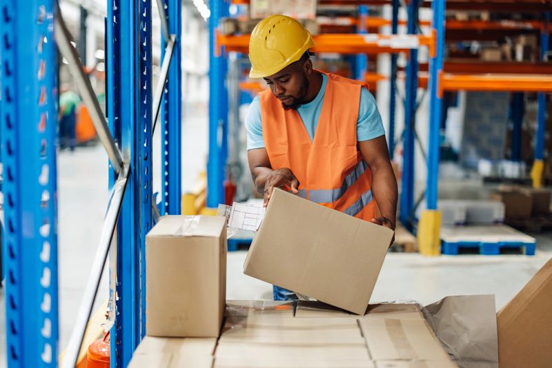 A focused african american warehouse employee carefully lifts a cardboard box in a spacious industrial storage area, lighting up teamwork and diligence in an organized work environment.