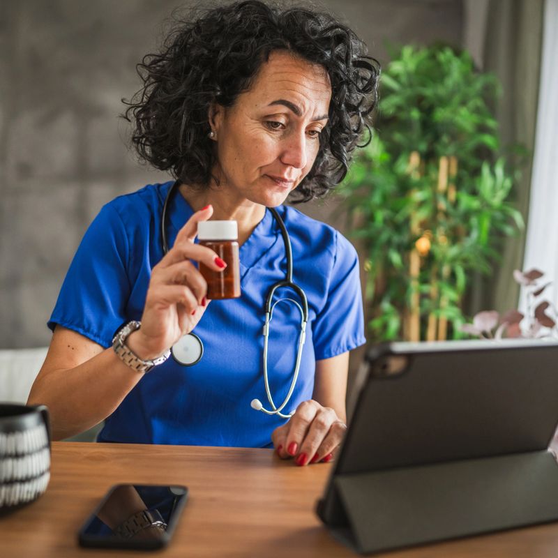 Mature woman doctor in blue scrubs is engaged in a video consultation, hold medication, exemplifying modern medicine practices for remote patient care services