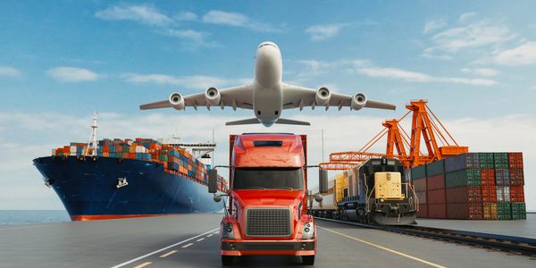 Cargo transportation modes: plane, ship, truck, and train at a port.