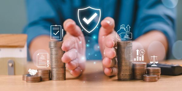 Hands protecting stacks of coins with financial icons symbolizing security and growth.