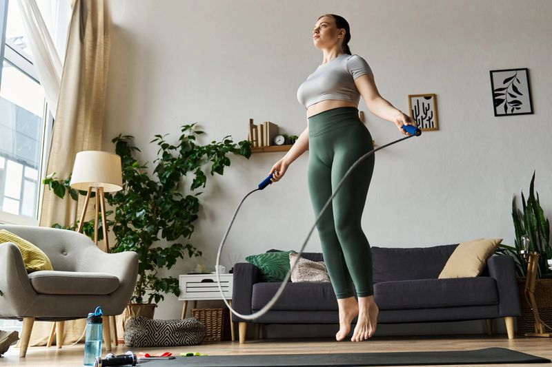 A young woman in leggings and a crop top engages in a high-energy jump rope session at home.