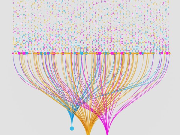 Colorful flowchart with binary digits connected by curved lines.