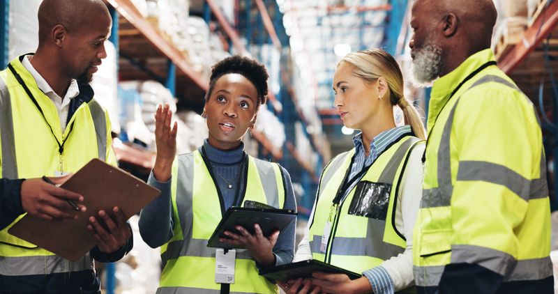 Warehouse, supply chain and people with tablet in meeting for inspection checklist, plan and update. Dropshipping, storage and worker with tech by shelf for inventory, export or operations management