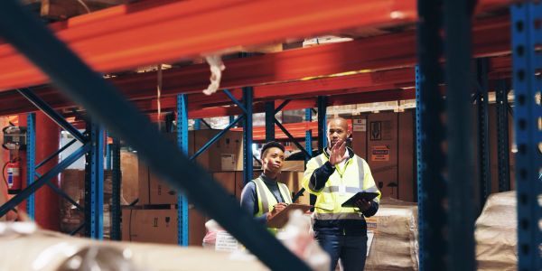 Warehouse workers discussing inventory