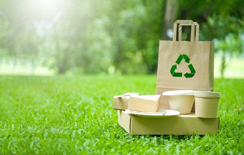 Eco-Environmentally friendly paper containers and packaging made from biodegradable materials, zero waste and recycling concept, green or disposable packaging.