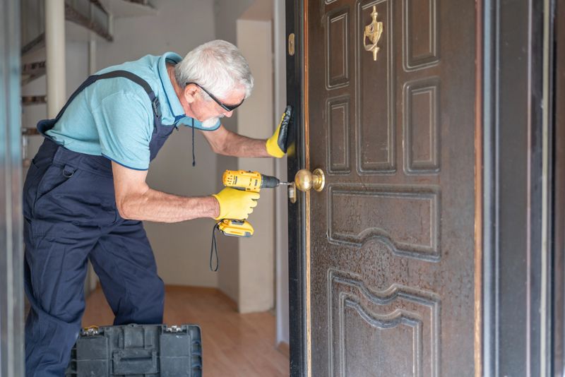 Senior Locksmith Changing Door Locks Using Cordless Drill In A House Entrance