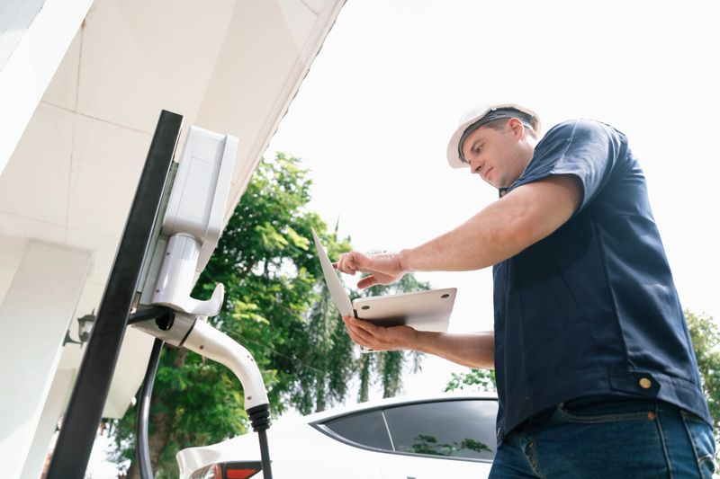 Qualified technician working on home EV charging station installation, making troubleshooting and configuration setup on charging system with laptop for EV at home. Synchronos