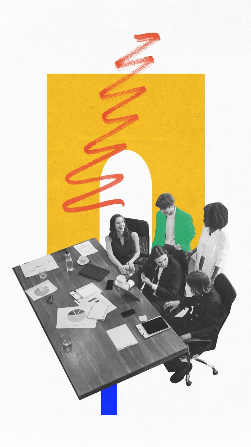 Contemporary art collage. Bird's-eye view of business meeting where team members review plans at large table. Conversation and ideas in progress. Concept of communication, brainstorming.