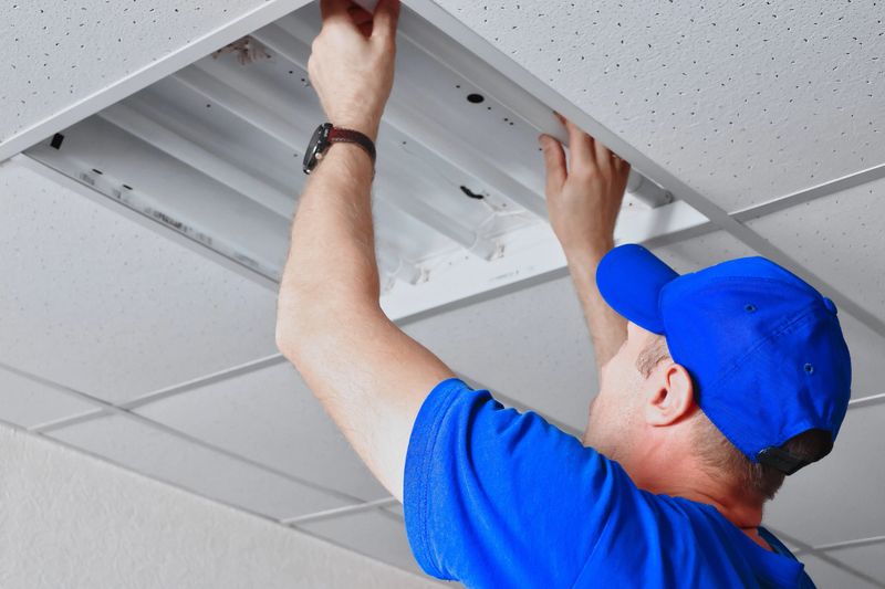A maintenance worker in a blue cap and blue clothing is working on a ceiling-mounted fluorescent light in a commercial space, carefully adjusting the fixture as part of routine repair.