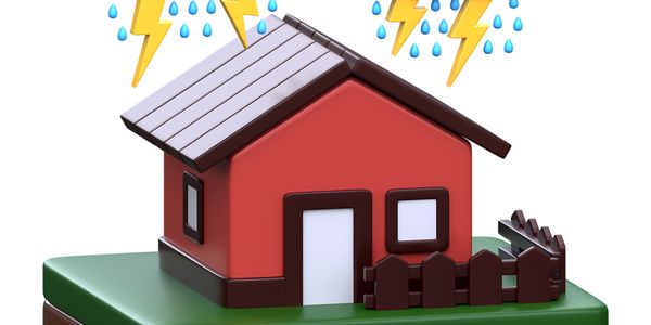 3D house icon with lightning and rain symbols indicating stormy weather risk.