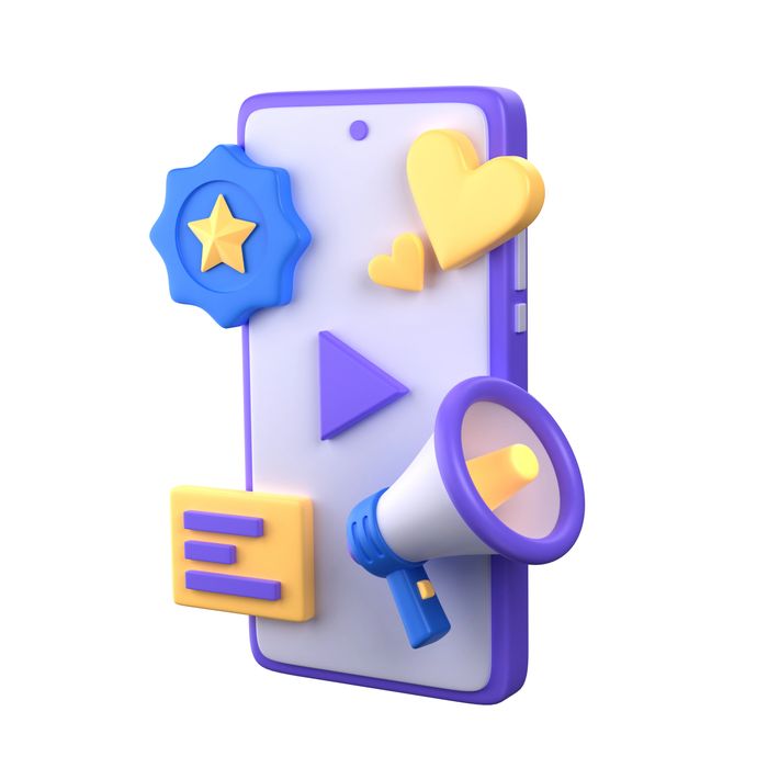3D icon of a smartphone with social media and marketing symbols.