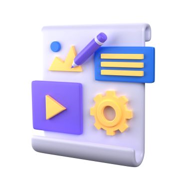 3D icons representing multimedia, settings, and editing on a white scroll.